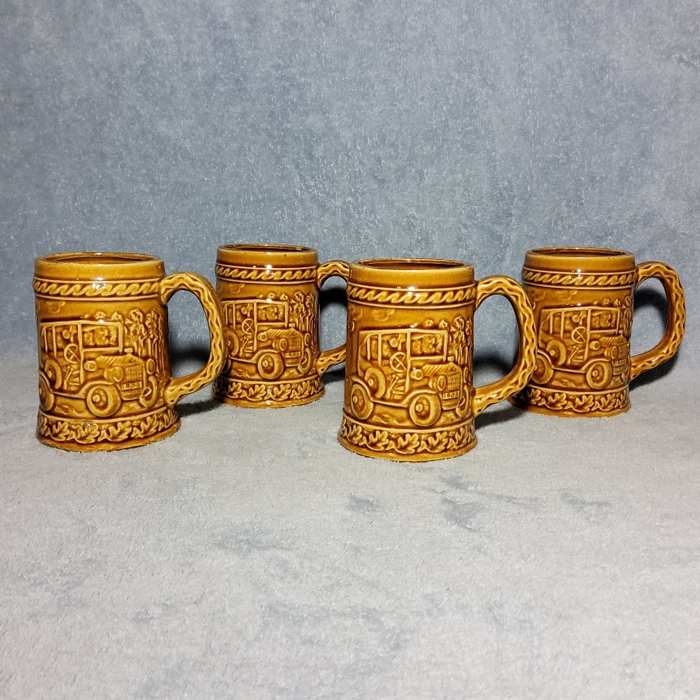 Vintage Japan Ceramic Beer Stein Mug Set Antique Car Model T Amber Glaze Mancave
